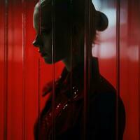 a woman is standing in front of a red curtain generative ai photo