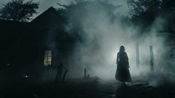 a woman is standing in front of an old house at night generative ai photo