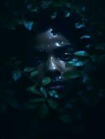 a woman is surrounded by leaves in the dark generative ai photo