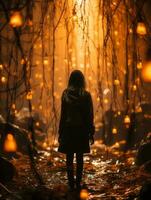 un mujer es caminando mediante un bosque con linternas colgando desde el arboles generativo ai foto