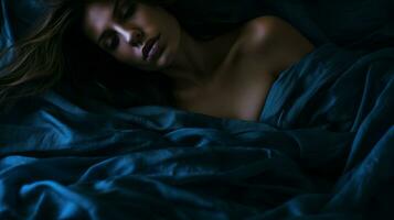 a woman laying in a bed with blue sheets generative ai photo