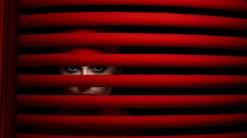 a woman looks through red blinds in a dark room generative ai photo