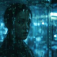 a woman looking through a glass wall in a futuristic setting generative ai photo