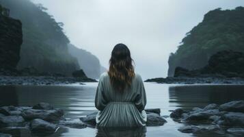 a woman sitting in the middle of a river generative ai photo