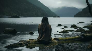 a woman sitting on a log in front of a lake generative ai photo