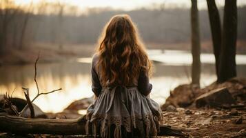 a woman sitting on a log in front of a lake generative ai photo