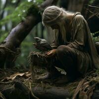 un mujer sentado en el suelo con un pájaro en su mano generativo ai foto