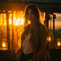 a woman standing in front of a hut at sunset generative ai photo
