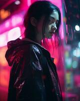 a woman standing in front of a neon sign at night generative ai photo