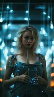 a woman standing in front of a string of lights generative ai photo