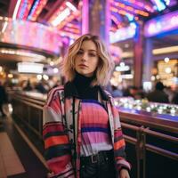 a woman standing in front of neon lights in a casino generative ai photo