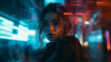a woman standing in front of neon lights in a city generative ai photo