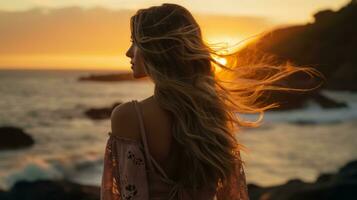 a woman standing in front of the ocean with her hair blowing in the wind generative ai photo