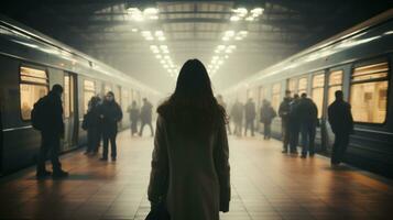 a woman standing in the middle of a train station generative ai photo