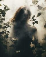 a woman standing in the middle of a foggy forest generative ai photo