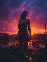 a woman standing in the mud at sunset generative ai photo