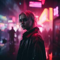 a woman standing in the rain with neon lights in the background generative ai photo