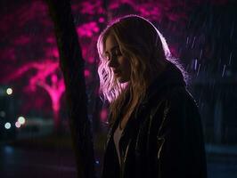 a woman standing in the rain with a pink light behind her generative ai photo