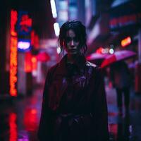 a woman standing in the rain with umbrellas generative ai photo