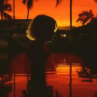 a woman standing in the water at sunset with palm trees in the background generative ai photo