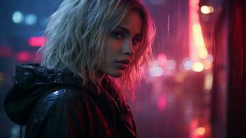 a woman standing in the rain with neon lights in the background generative ai photo