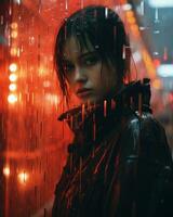 un mujer en pie en el lluvia con rojo luces detrás su generativo ai foto