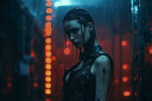 a woman standing in the rain with neon lights generative ai photo