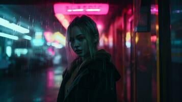 un mujer en pie en el lluvia con neón luces generativo ai foto