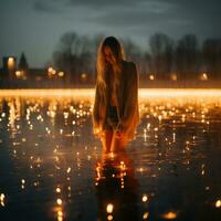 un mujer en pie en el agua con iluminado velas generativo ai foto