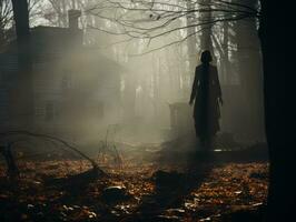 un mujer soportes en frente de un casa en un brumoso bosque generativo ai foto