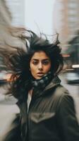 a woman walking down the street with her hair blowing in the wind generative ai photo