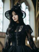 a woman wearing a black gothic dress and hat generative ai photo