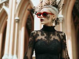 a woman wearing a black dress and red glasses generative ai photo