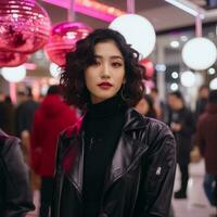 a woman wearing a black leather jacket in a mall generative ai photo