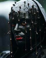 a woman wearing a black face with red lipstick and chains on her head generative ai photo