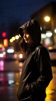 a woman wearing a black jacket generative ai photo