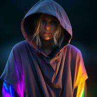 a woman wearing a colorful hoodie generative ai photo