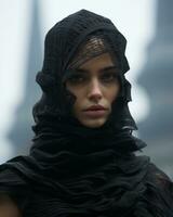 a woman wearing a black veil in the rain generative ai photo