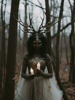 un mujer vistiendo un ciervo tocado participación velas en el bosque generativo ai foto