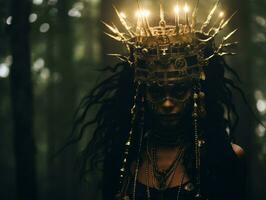 un mujer vistiendo un corona en el bosque generativo ai foto