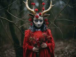 a woman wearing a deer mask and red dress in the woods generative ai photo