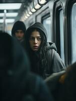 a woman wearing a hoodie on a subway train generative ai photo
