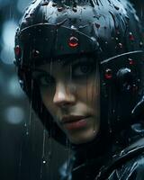 a woman wearing a helmet in the rain generative ai photo