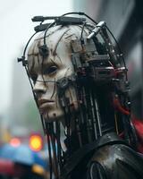 a woman wearing a headpiece with wires attached to it and an umbrella in the rain generative ai photo
