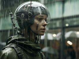 a woman wearing a helmet in the rain generative ai photo