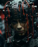 a woman wearing a helmet with red wires on her head generative ai photo