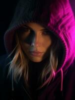 a woman wearing a hoodie in front of a purple light generative ai photo