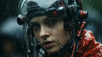 a woman wearing a helmet in the rain generative ai photo