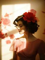 un mujer vistiendo un rojo flor en su pelo generativo ai foto