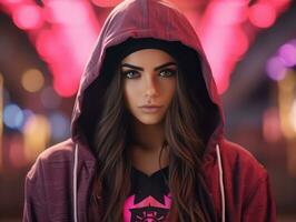 a woman wearing a hoodie in front of neon lights generative ai photo
